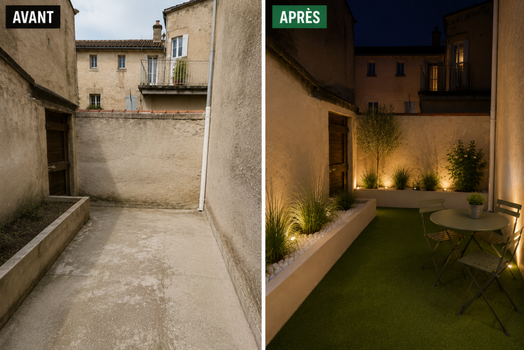 Avant / Après d'une cour transformée en terrasse végétalisée avec jardinières maçonnées, plantations et éclairage extérieur.