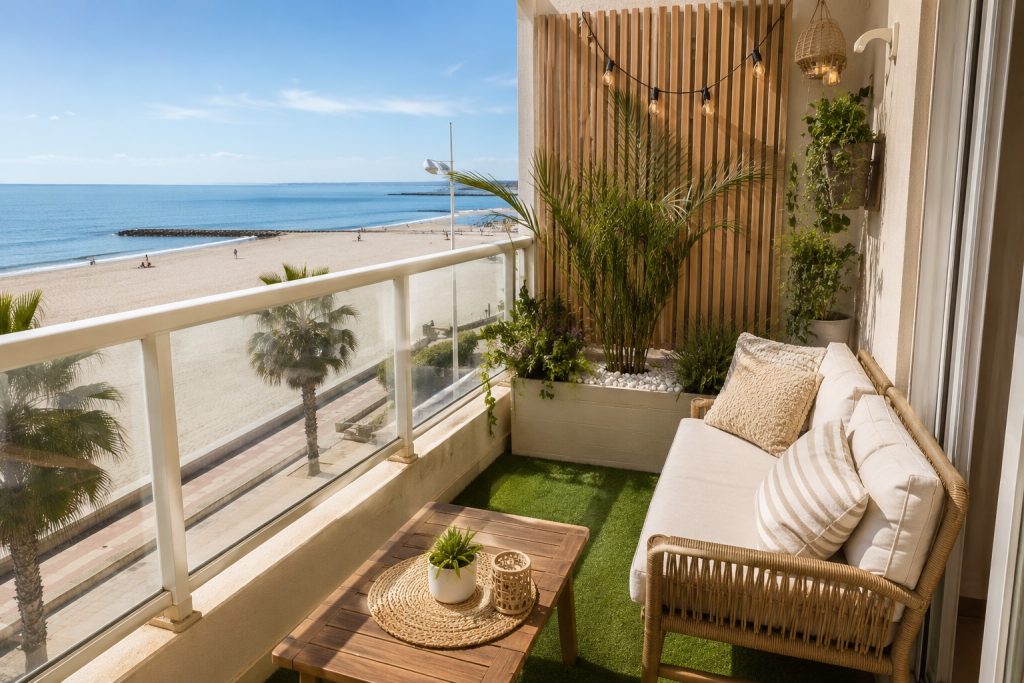 Aménagement d'une terrasse avec gazon synthétique, plantations méditerranéennes et espace détente créé par un paysagiste à Montpellier.