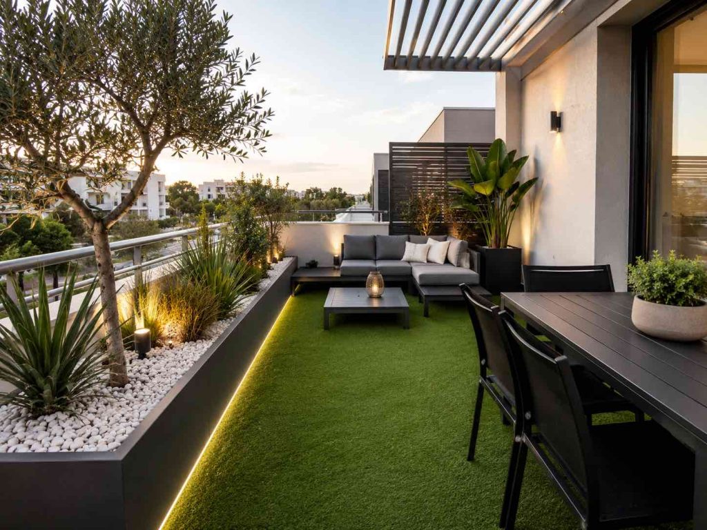 Terrasse végétalisée à Montpellier avec plantations méditerranéennes, jardinières et gazon synthétique
