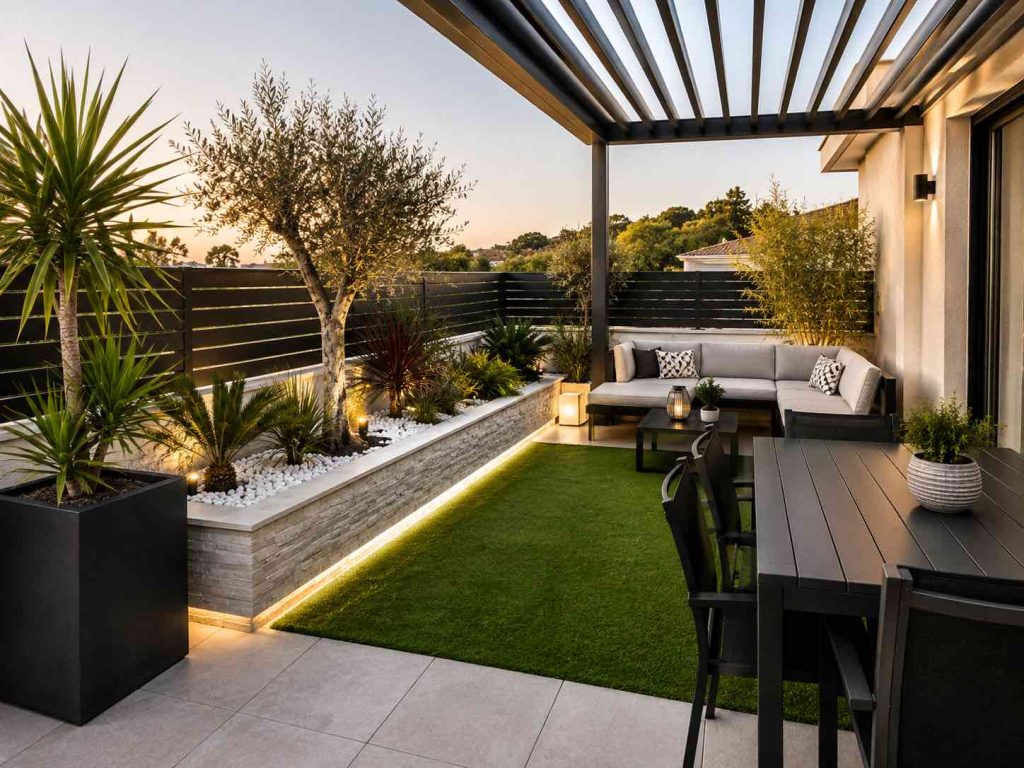 Aménagement d’une terrasse à Montpellier avec gazon synthétique, pergola et plantations méditerranéennes