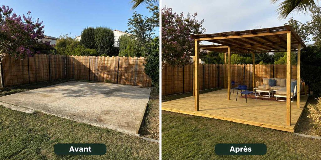 Avant après création d’une terrasse en bois avec pergola et salon de jardin par un paysagiste à Pérols