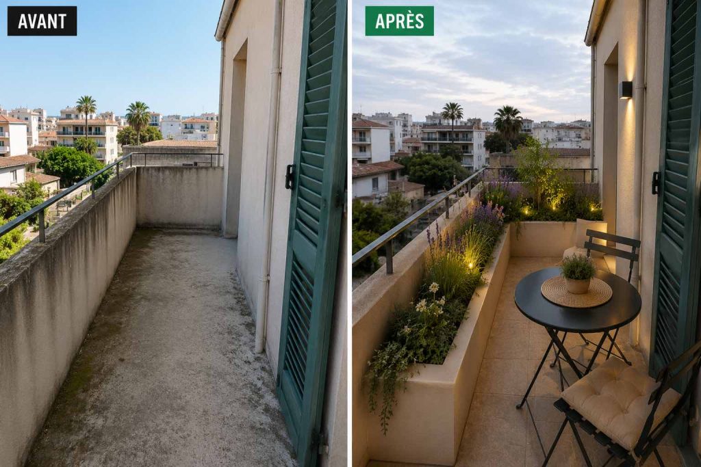 Aménagement avant après d’un balcon à Lattes avec jardinières et plantations méditerranéennes