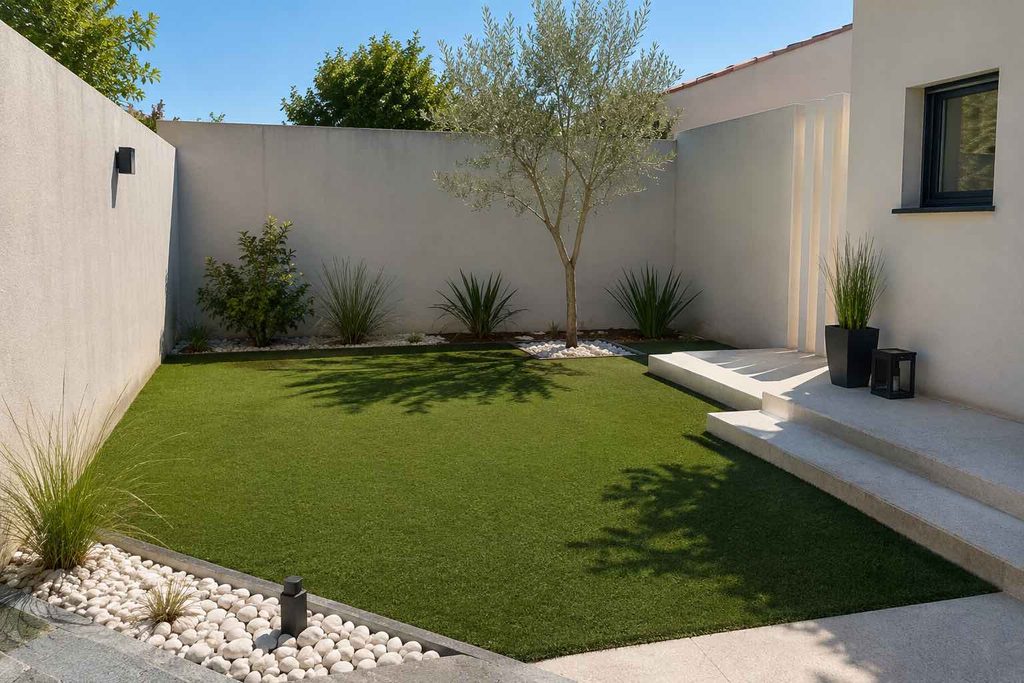 Aménagement de jardin pas cher à Palavas-les-Flots avec gazon synthétique et plantations méditerranéennes